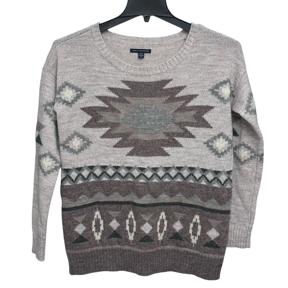American Eagle Sweater‎ Womens S Tan Aztec Wool Blend Knit Pullover Southwest